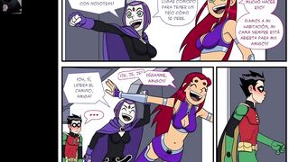 Starfire's holes want to feel Robin and Raven's good cocks