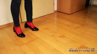 Red Nylon Feet in Black Shiny Heels - Dangling & Tease in Tight Jeans
