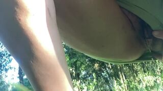 Desperate Slut Pulls Her Panties Aside And Pisses In The Garden With Her Pussy Dripping