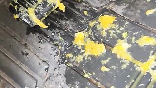 Busting open whole oranges with my BareFeet on my break pedal back pov so you can see it squirt