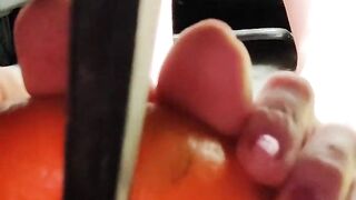 Busting open whole oranges with my BareFeet on my break pedal back pov so you can see it squirt