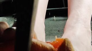Busting open whole oranges with my BareFeet on my break pedal back pov so you can see it squirt