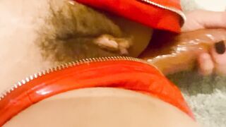 Red latex panties and a dildo